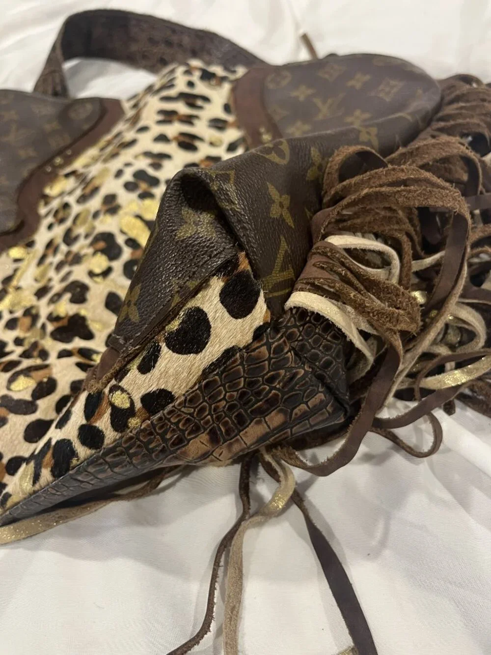 Reworked Louis Vuitton Fringe Bag Leopard Calf Hair Crocodile Embossed Boho